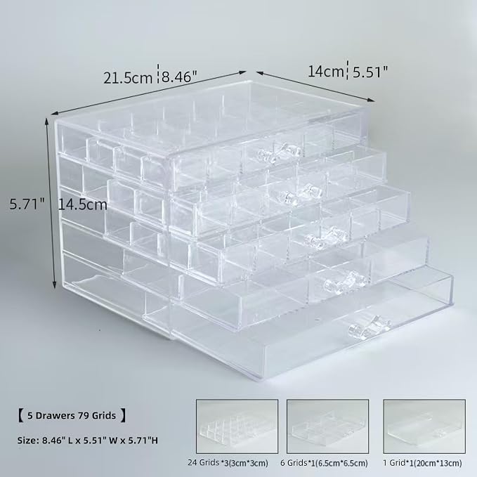 Feadily Acrylic Jewelry Organizer Box, Jewelry Drawer Organizer With 5 Drawers 79 Grids, Clear - Image 2