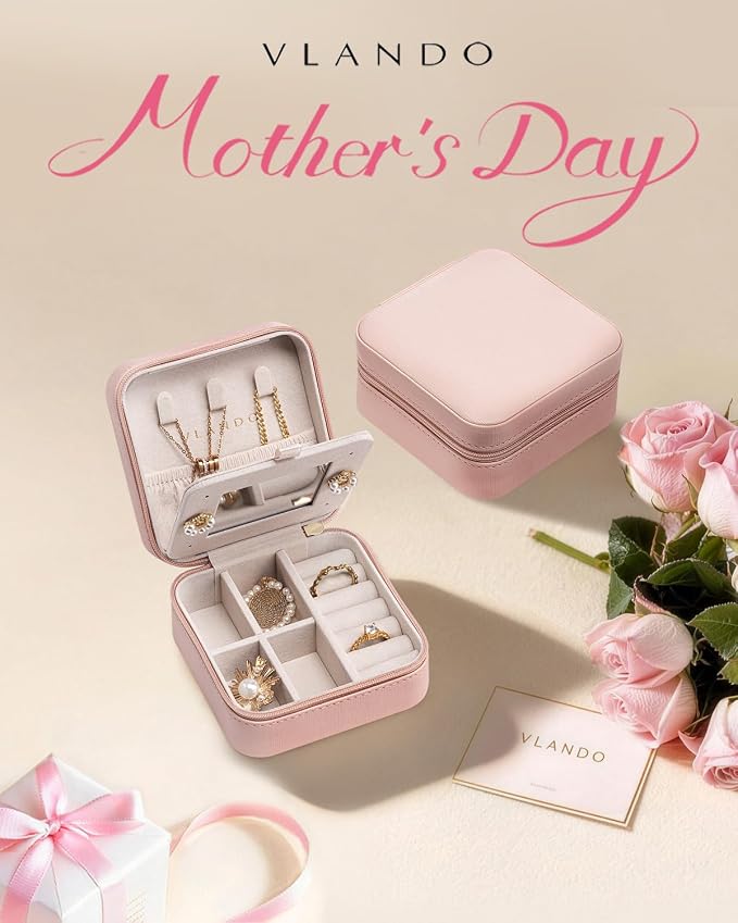 VLANDO Valentines Day Gifts - Small Travel Jewelry Box Organizer -Jewelry Display Case for Girls Women Bridesmaid Gift Rings Earrings Necklaces Storage with Mirror Pink - Image 2
