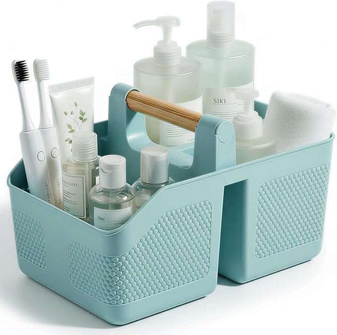 rejomiik Shower Caddy Portable with Bamboo Handle, Plastic Basket Cleaning Caddy Organizer Storage Tote for Bathroom, College, Dorm Room Essentials, Blue by rejomiik