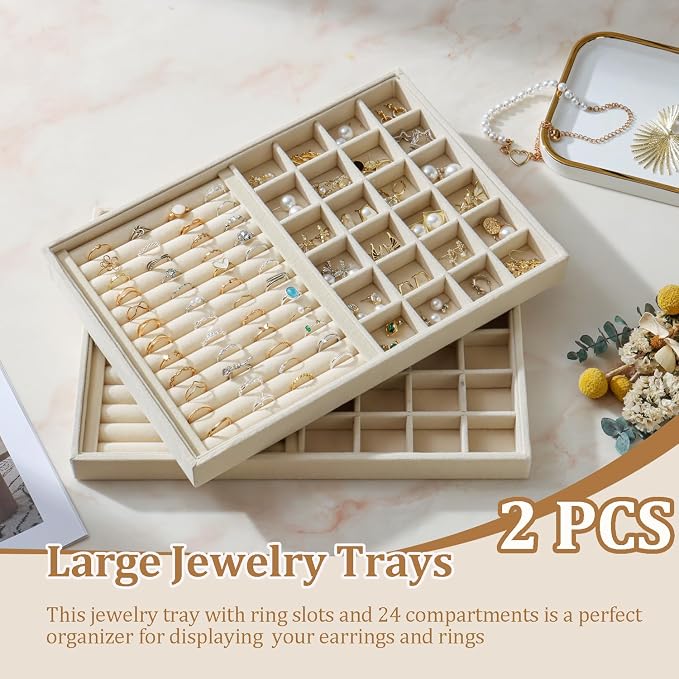 Large Velvet Jewelry Tray 2 Pack Stackable Jewelry Display Drawer Inserts Trays Organizer for Earring Bracelet Necklace Ring (Beige, Ring and 24 Grids) - Image 2