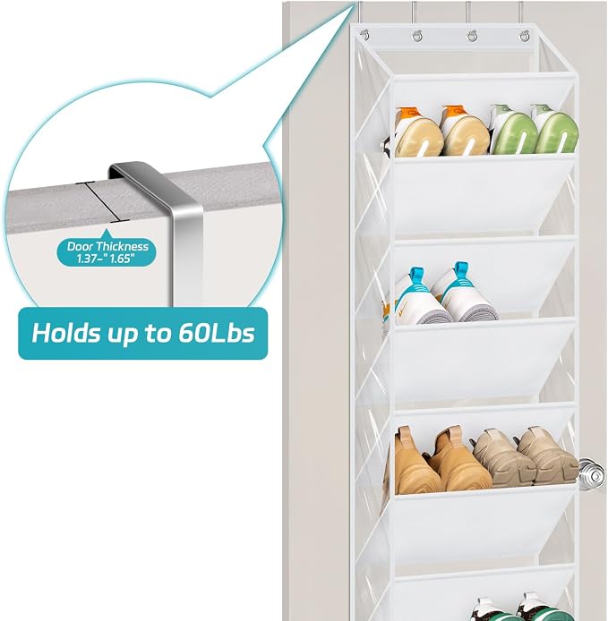 AOODA 10 Tier Clear Over the Door Shoe Organizer Storage, Deep Pockets Large Hanging Shoe Rack for Closet Door, Fit 20 Pairs Sneaker Holder Hanger for Boots (White) - Image 6