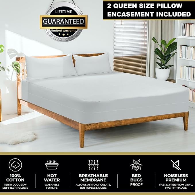 MATTSHIELD Ultimate 3-Piece Kit - Bed Bug-Proof Mattress Cover Calif King 100% Cotton Top + 2 Queen Pillow Protectors with Zipper - 6 Sided Waterproof Encasement, Total Defense Kit
