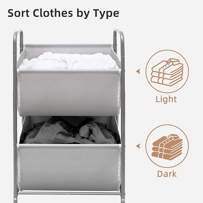 STORAGE MANIAC 80 Liters Vertical Rolling Laundry Hamper, 2 Section Laundry Sorter with Wheels and 2 Breaks, 2-tier Laundry Baskets for Small Space, Dorm, Laundry Room, Closet, Bathroom, Gray 2-tier - Image 5