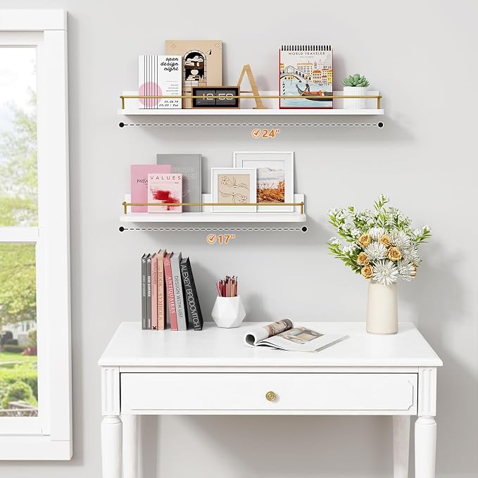 Forbena 24 Inch Bathroom Floating Shelves for Wall Set of 3, Gold Bathroom Shelves Over Toilet Wall Mounted with Rail, Decorative Hanging Shelf for Bedroom Office Living Room Decor (White and Gold) - Image 2