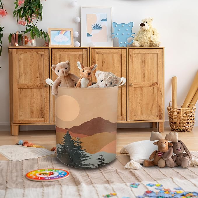 Boho Laundry Basket, Mid Century Modern Boho Sun Forest Mountain Waterproof Collapsible Laundry Hamper Dirty Clothes Storage Toy Bin Organizer for Bathroom Bedroom Nursery Girls Kids Room - Image 5