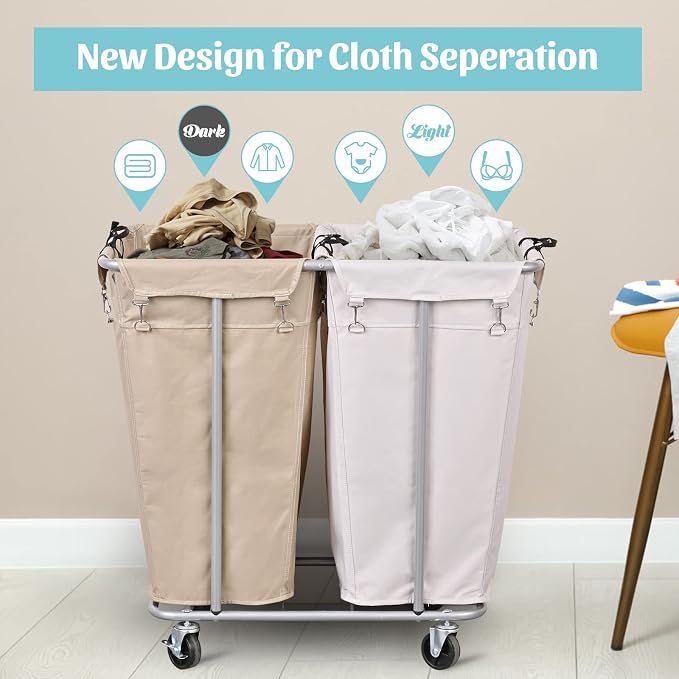 PLKOW Laundry Cart with Wheels 280L Large Laundry Sorter 2 Section for Commercial/Home, Rolling Laundry Cart with Steel Frame and Removable Bag, 8 Bushel, 32.3L x 19.7W x 31.5H Inch - Image 2