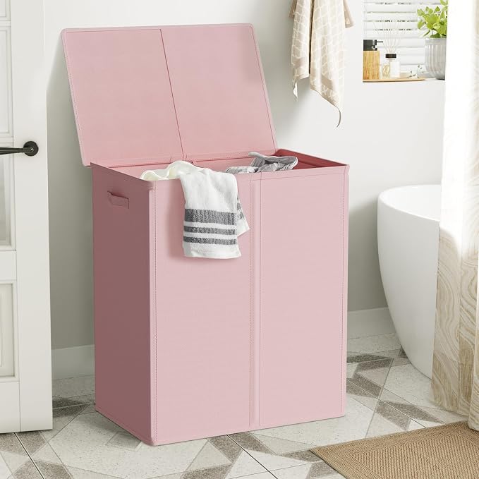 WOWLIVE 154L Double Laundry Hamper with Lid and Removable Laundry Bags, Large Dirty Clothes Hamper 2 section Collapsible Laundry Basket Dorm Room Storage for Bedroom, Bathroom, College,Pink - Image 2