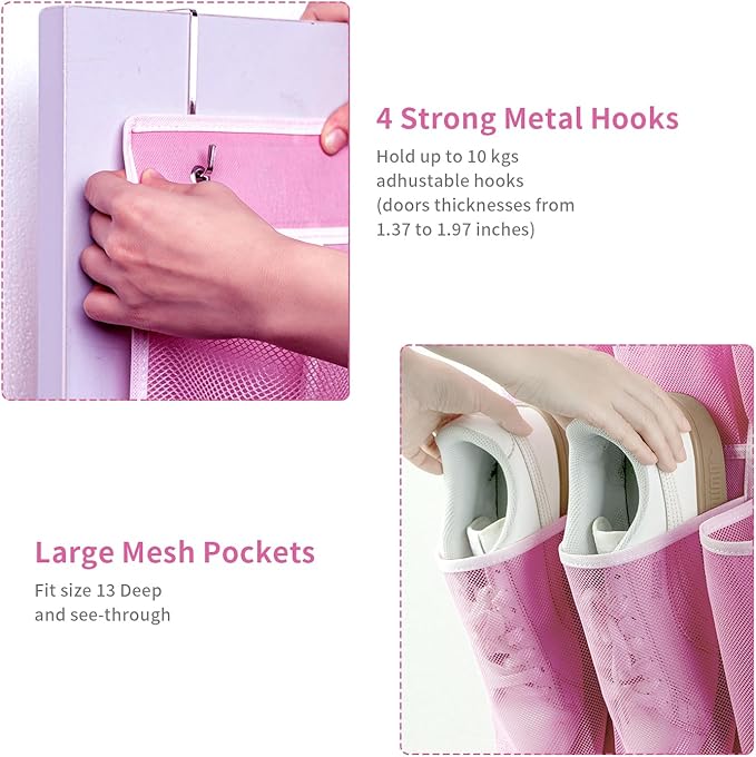 SAVERHO 35 Pockets Over the Door Shoe Organizer, Hanging Shoe Organizer for Door with 35 Mesh Pockets Large Capacity Shoe Hanging Storage Bag with 4 Metal Hooks (Pink-1Pack) - Image 5