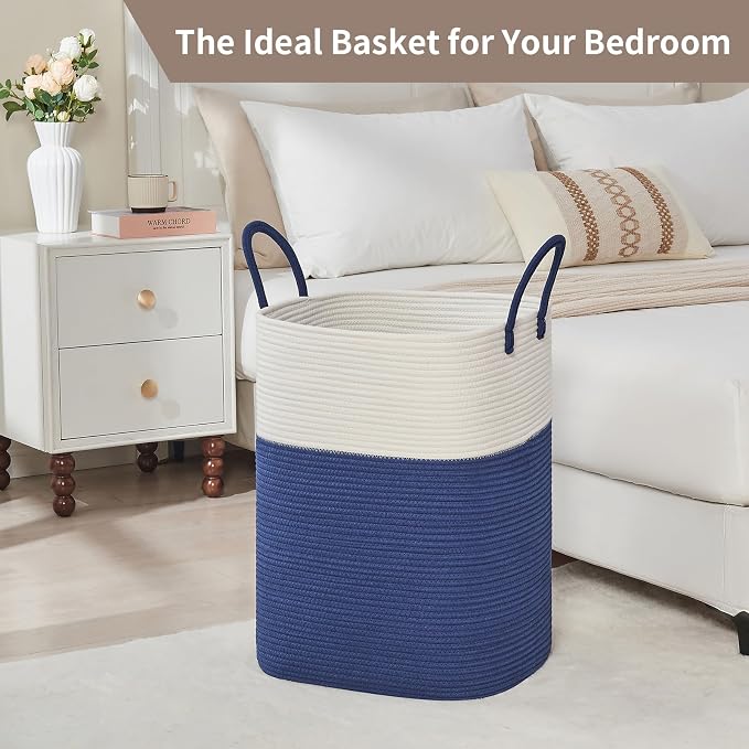AINUOQI Laundry Basket with Handles - Blanket Basket & Hampers for Bedroom Aesthetic, Laundry Hamper & Blanket Storage for Living Room, Clothes Hamper, Tall, Large 17" x 14" x 23”, White & Dark Blue - Image 6