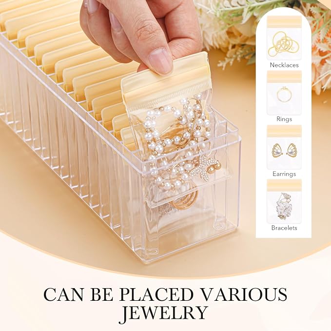 Kenning 42 Pcs Acrylic Jewelry Case Organizer, Clear Jewelry Organizers Holder with Portable Anti Tarnish Storage Bags for Rings, Earrings, Necklaces, Ideal Gifts for Women (Yellow) - Image 4