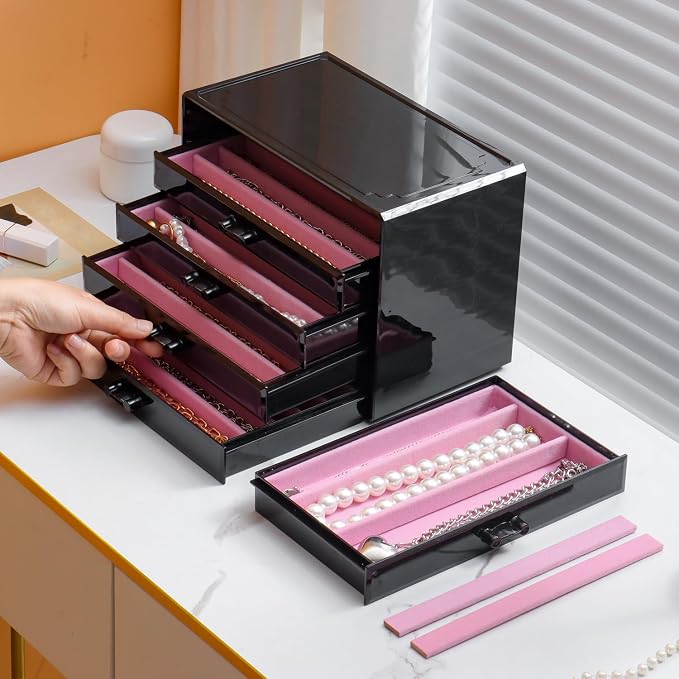 YUFONG Necklace Holder Organizer, Dustproof Necklace Box Velvet Necklace Organizer Box with Lid Clear Acrylic Dustproof Stackable Jewelry Displays for Necklaces Chain Display (Black Pink, 5 Drawer) - Image 3