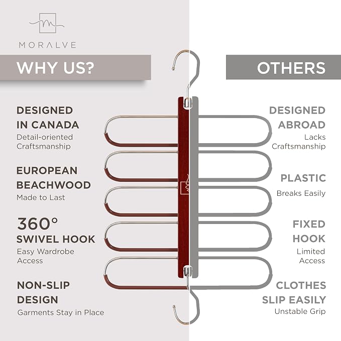 MORALVE Pants Hangers Space Saving - 4 Pack European Beechwood Scarf and Jean Hangers - Closet Organizer and Space Saver Pant Rack, Leggings Hanger, and Scarf Holder with 360° Swivel Hook - Image 5