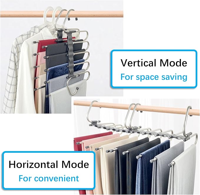 Magic Pants Hangers Space Saving - 2 Pack for Closet Multiple Layers Multifunctional Uses Rack Organizer for Trousers Scarves Slack (2 Pack with 10 Metal Clips) - Image 3