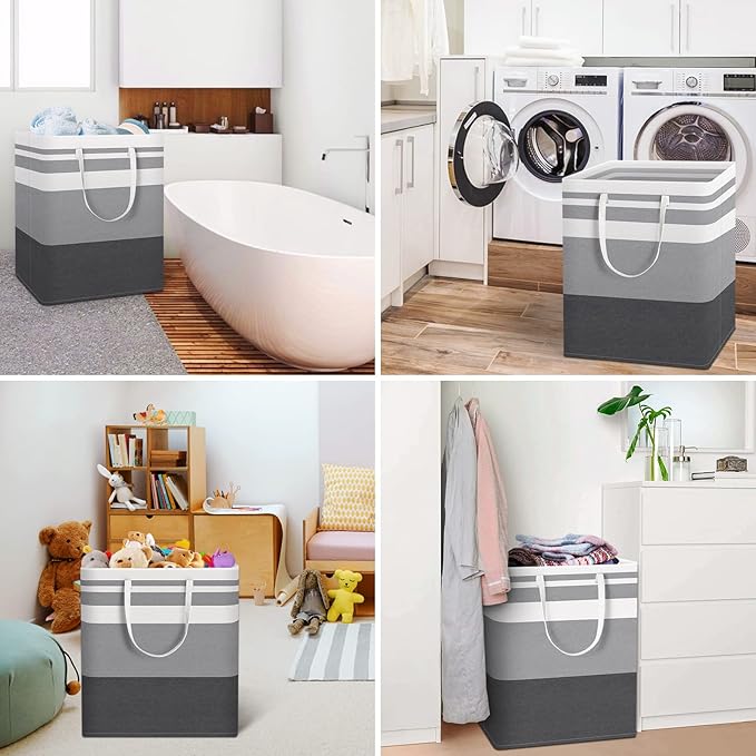 HomeHacks 2 Pack Large Laundry Baskets, Waterproof, Freestanding Laundry Hampers, Collapsible Clothes Hamper with Reinforced Handles in Laundry, College Dorm, Bathroom, Bedroom (Grey+Blue, 100Lx2) - Image 6