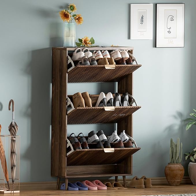 Shoe Cabinet Storage,Modern Freestanding Organizer with 3 Flip Drawers,Narrow Shoe Rack Cabinet for Entryway,Walnut - Image 6