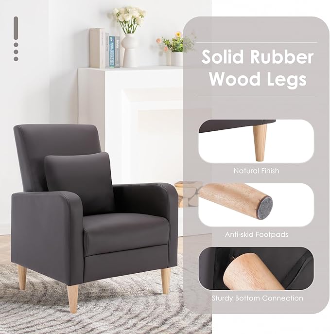 COLAMY Modern Upholstered Accent Chair Armchair with Pillow, PU Leather Reading Living Room Side Chair,Single Sofa with Wood Legs, Brown
