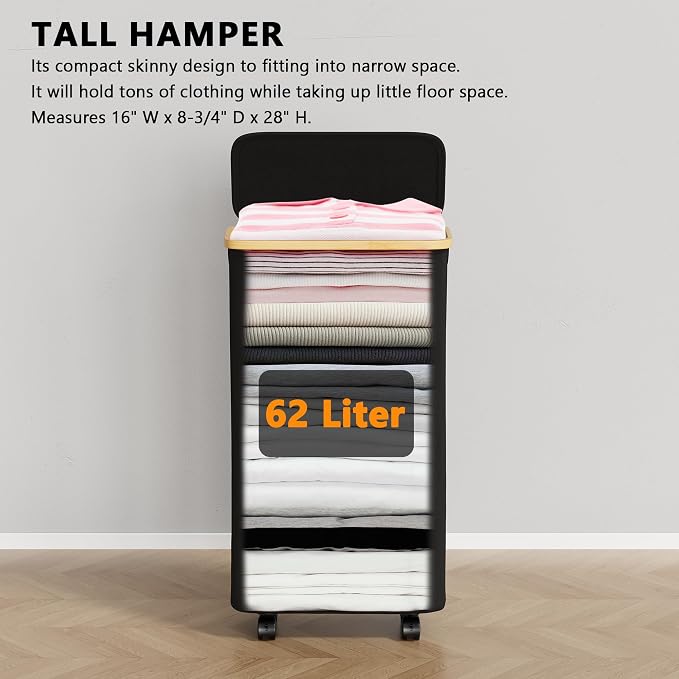SpaceAid Slim Laundry Hamper with Wheels and Lid,62L Rolling Narrow Clothes Basket with Bamboo Handle, Large Laundry Hamper for Bedroom, Bathroom, Dorm, Laundry Room - Black - Image 5