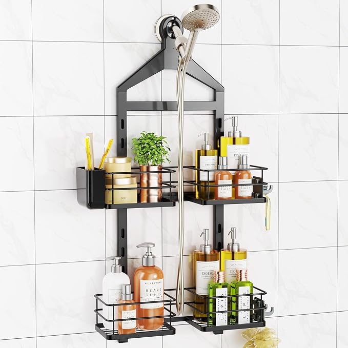 ODesign 2 Tier Height-Adjustable Shower Caddy Hanging Anti-Swing-Over The Shower Head Caddy Storage Organizer Bathroom Shelves Basket-Black by ODesign