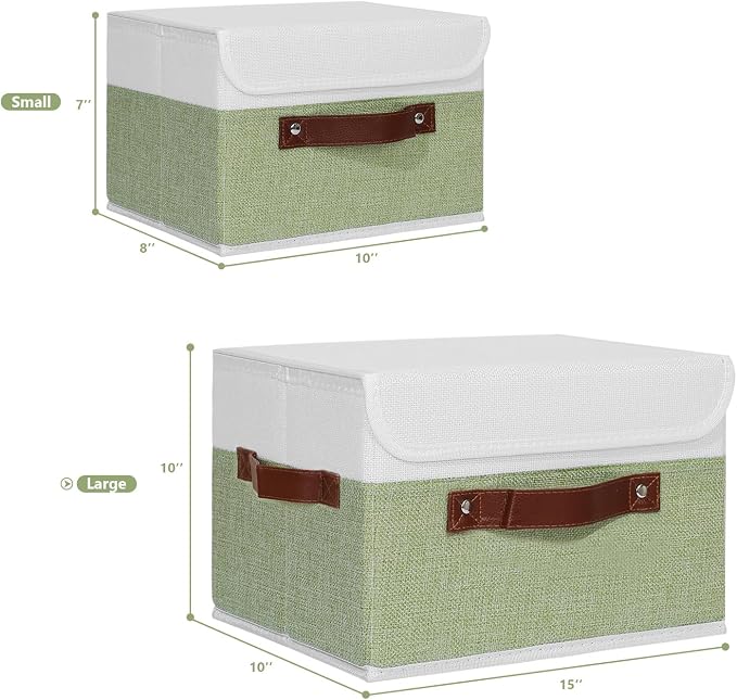 ANMINY 2PCS Storage Boxes with Lid Washable Decorative Storage Bins Basket with PU Leather Handle Foldable Linen Fabric Storage Cubes Containers for Home Closet Organizer - Green White, Large Size - Image 5