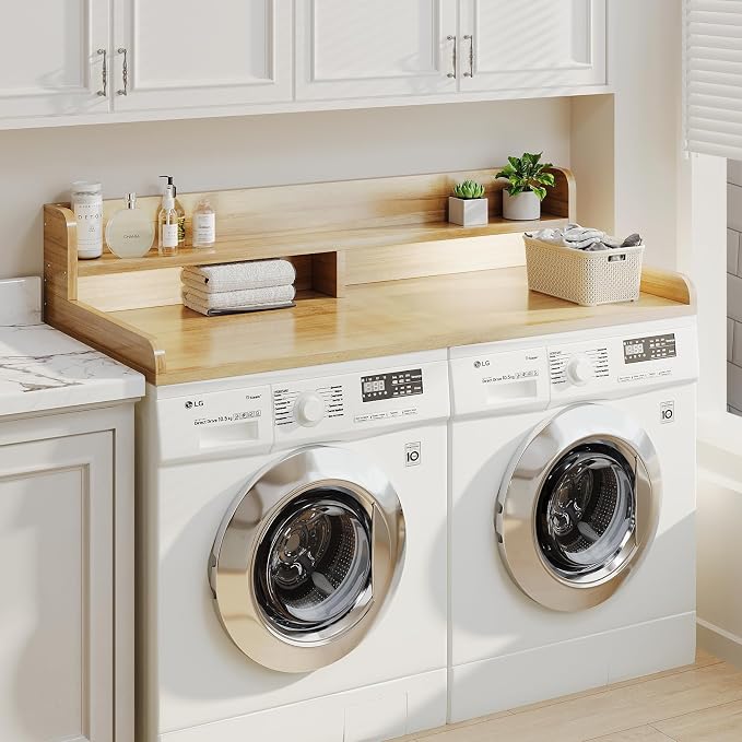 2-Tier Washer Dryer Countertop with 2.75" H Edge Rails, 58" W x 28" D Laundry Countertop for Folding Clothes, Washer and Dryer Topper with Non-Slip Pad (Pure Wood Color) - Image 6