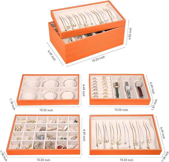 LANDICI Stackable Jewelry Organizer Trays 4 Set,PU Leather Jewelry Organizer Drawer,Jewelry Storage Display Tray for Earring Necklace Rings Bracelet with Removable Dividers,Orange - Image 5