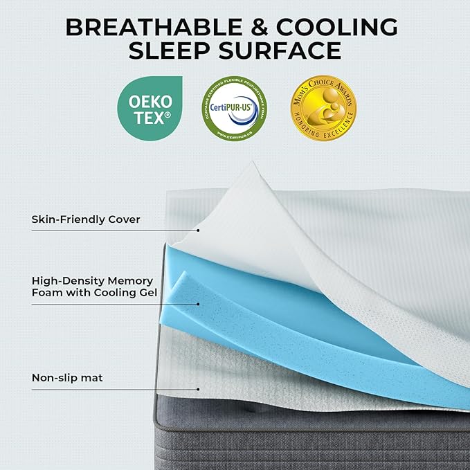 OhGeni 2 Inch Twin Size Memory Foam Mattress Topper Pad with Cover, Soft Bed Cover with Anti-Slip Base, Enhanced with Cooling Gel，Removable & Washable，College Dorm Room Essential