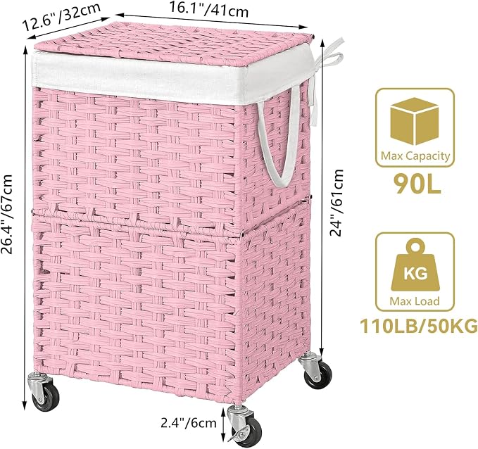 Chrislley 90L Slim Laundry Hamper with Wheels, Rolling Laundry Basket with Lid and Renovable Liner Bag, Handwoven Rattan Organizer for bedroom, bathroom, laundry room (Pink) - Image 3