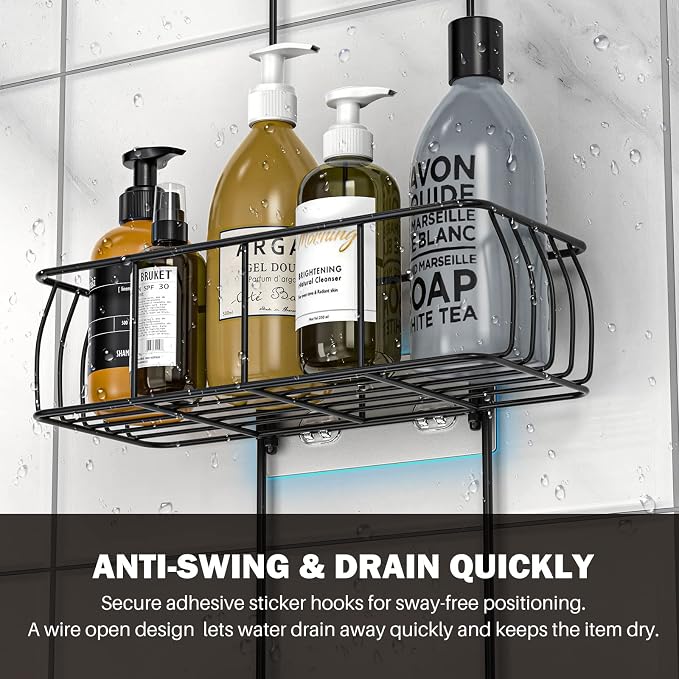 Epicano Shower Caddy Hanging, Anti-Swing Over Head Shower Caddy Rustproof with Hooks for Towels, Sponge and More, Matte Black - Image 6