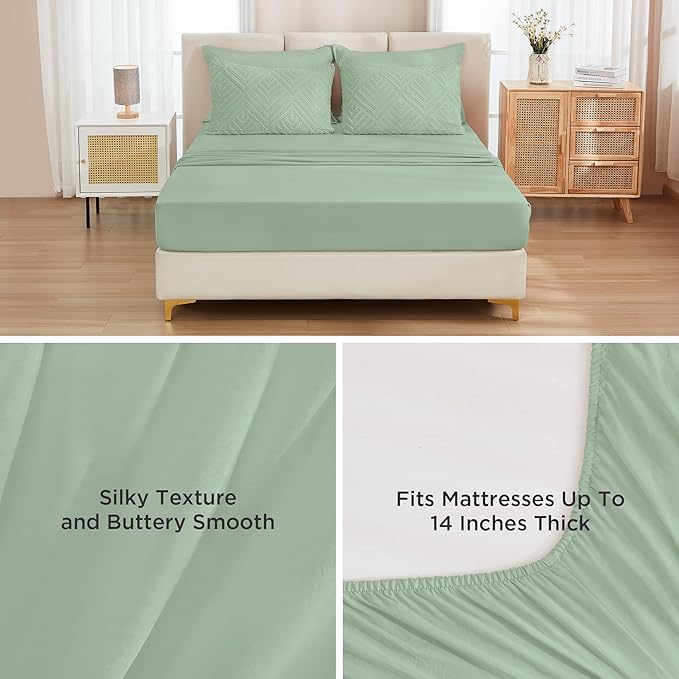 Andency Super King Plus Comforter Set Sage Green - 7 Pieces Bed in a Bag Oversized King Bedding Sets, Boho Tufted Lightweight Fluffy Bed Set with Comforter, Sheets, Pillowcases & Shams
