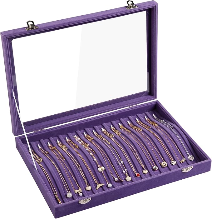 Frebeauty 15 Hooks Necklace Tray Velvet Neckalce Organizer with Clear Lid Lockable Necklace Holder Box Jewelry Organizer for Pendants Chains Necklace Jeweley Tray for Women (Purple) by Frebeauty