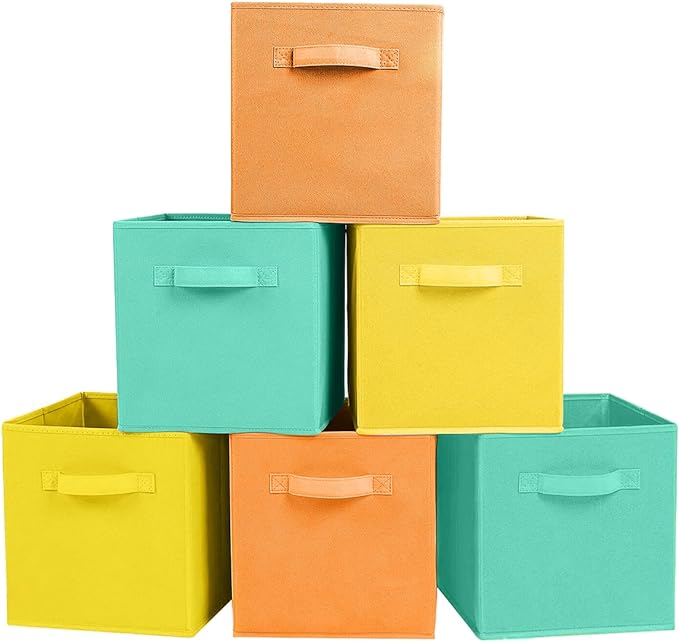 ShellKingdom Storage Bins, Foldable Fabric Storage Cubes and Cloth Storage Organizer Drawer for Closet and Toys Storage, 6 Pack (Mint Green+Orange+Yellow) by ShellKingdom