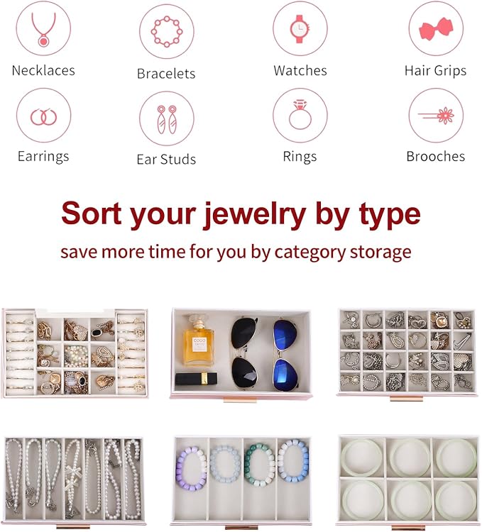 BOOVO Jewelry Boxes for Women, White and Black 6 Layer Large Jewelry Box for Necklace, Bracelet, Earrings, Rings Storage, Jewelry holder Organizer for Girls Gift (Rose gold, 6 layer) - Image 3
