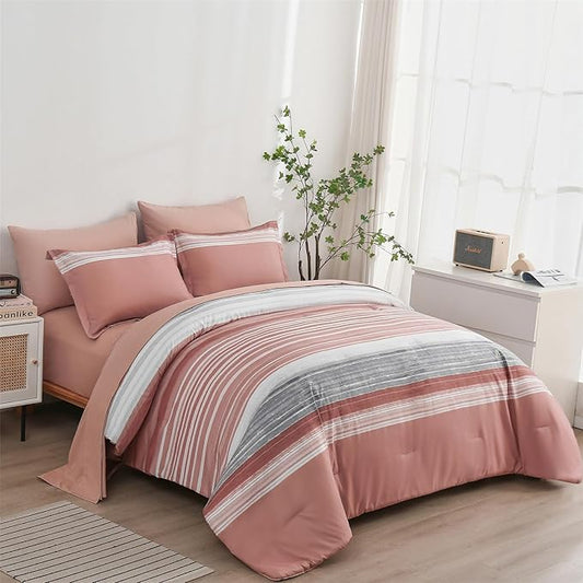 KAKIJUMN 5 Piece Bed in a Bag Stripe Comforter Set Twin Size, White Grey Blush Pink Patchwork Striped Comforter and Sheet Set, All Season Soft Microfiber Complete Bedding Sets(Pink,Twin)