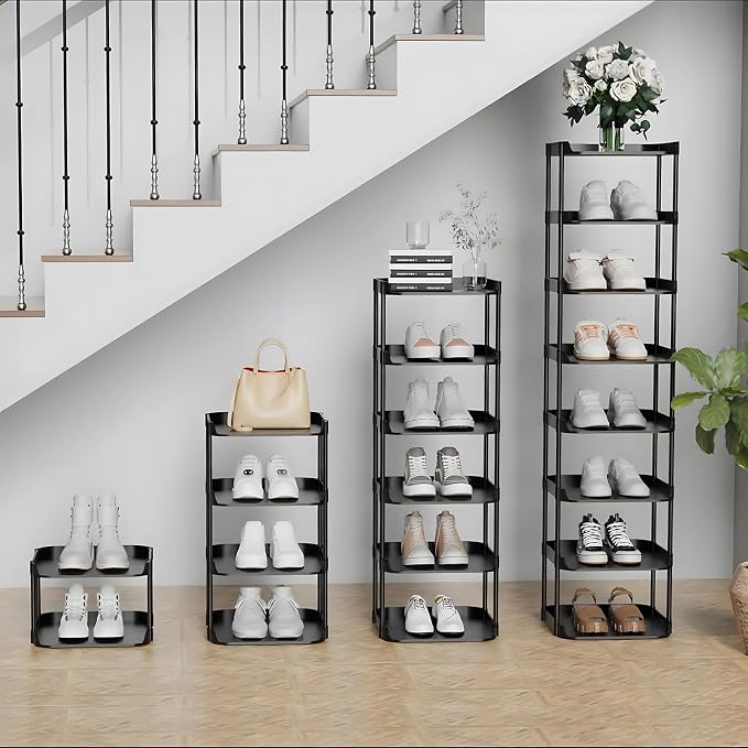 6 Tier Vertical Narrow Shoe Rack, Stackable Tall Skinny Shoerack, Compact Single Shoes Storage Tower for Slim Space, Corner Plastic Shelves, for Hallways, Entryway, Bedrooms Organizer, Black - Image 2