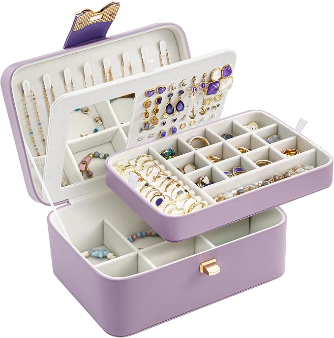 Lolalet 2 Layer Jewelry Box for Teen Girls & Young Women, Jewelry Organizer Case with Bow Clasp and Mirror for Earrings Rings Necklaces Storage, Gift Idea -Purple - Image 4