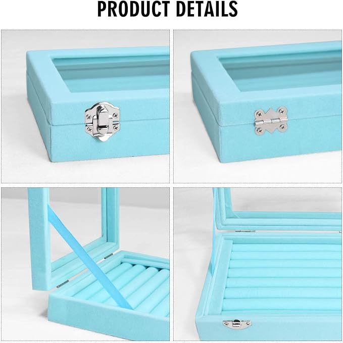 Vicoter Rings Organizer Tray 7 Slots Velvet Jewelry Earring Storage Box with Transparent lid Jewelry Display Case for Girls Wife Mom Women (Light Blue) - Image 4
