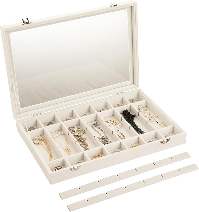Frebeauty Velvet Jewelry Tray,35 Grid Jewelry Organizer with Clear Lid,Earring Holder Organizer Case with Clasp,Drawer Insert for Rings Studs,13.8 x 9.5 x 2 Inches,Gift for Women Girls(Beige) - Image 5