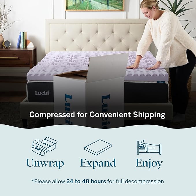LUCID Lavender Infused 3 Inch Memory Foam Mattress Topper with 5 Zones – Full Size – Plush Feel – CertiPUR Certified – Dorm Room Essentials