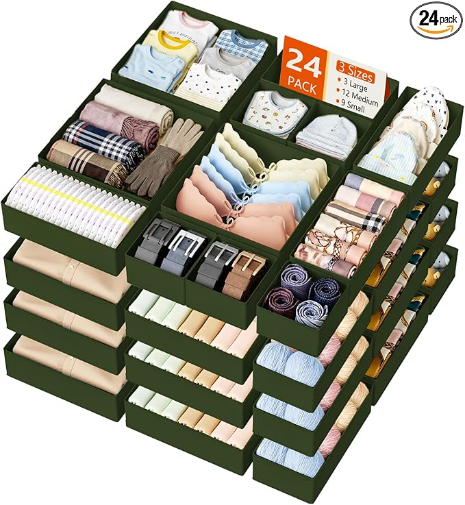 DIMJ Drawer Organizer Clothes, 24 Pack Dresser Organizer, Foldable Closet Organizers and Storage, Fabric Dresser Bins, Drawer Dividers for Nursery, Baby Clothes, Underwears, Sock by DiMJ