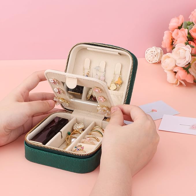 DesignSter Travel Jewelry Box - Velvet Mini Jewelry Organizer, Small Jewelry Case for Girls Women, Jewelry Storage Box for Rings Earrings Necklace (Square, Emerald Green) - Image 6