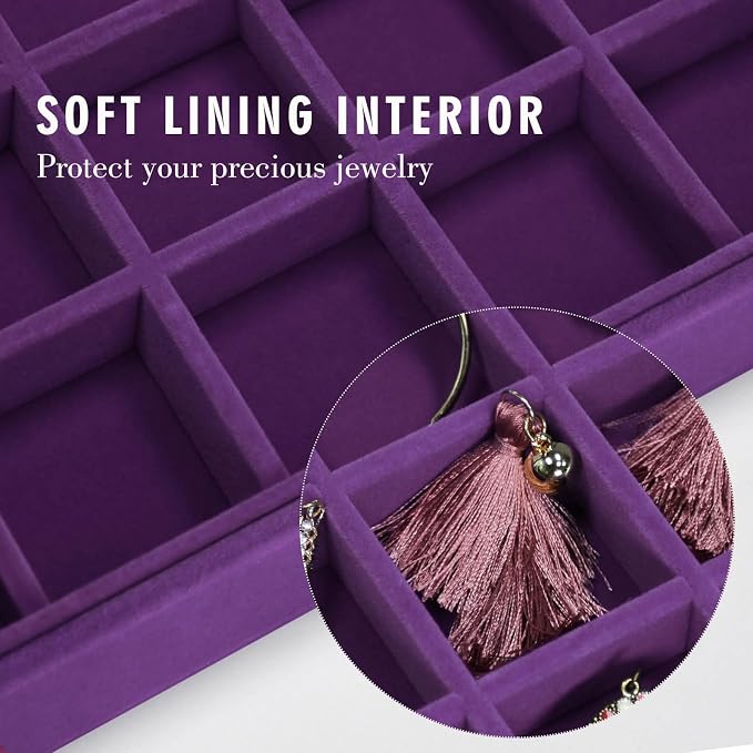 Siveit Velvet Jewelry Tray 48 Grid Jewelry Display Tray Organizer Box with Transparent Lid Rings Earrings Necklaces Pendants Display Box Suitable for Women and Girls (Purple) - Image 2