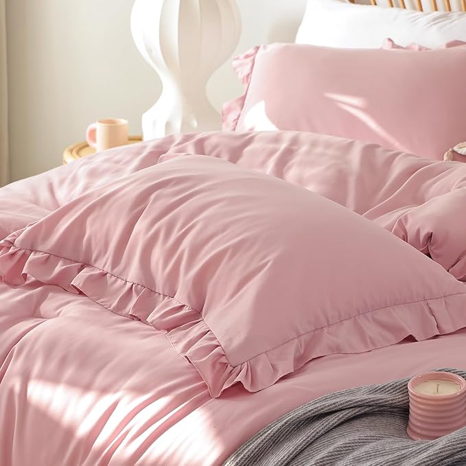 JANZAA Full Comforter Set Baby Pink Ruffle Comforter with 2 Pillowcase Soft Full Size Bed Set Vintage Farmhouse Bed Comforter Set Fluffy Shabby Chic Bedding for All Season