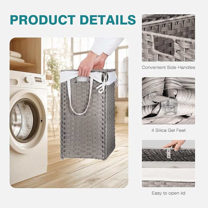 DUMOS Wicker Laundry Basket with Lid, 110L Woven Laundry Hamper with Handles, Foldable Rattan Clothes Hamper with Removable Liner & Sturdy Steel Frame, Dove Gray - Image 4