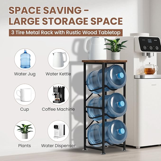 5 Gallon Water Jug Holder, 3-Tier Water Bottle Holder with Wood Top Shelf, Heavy Duty Water Cooler Jug Rack, Water Dispenser Storage Stand for Kitchen Office and Living Room - Image 5