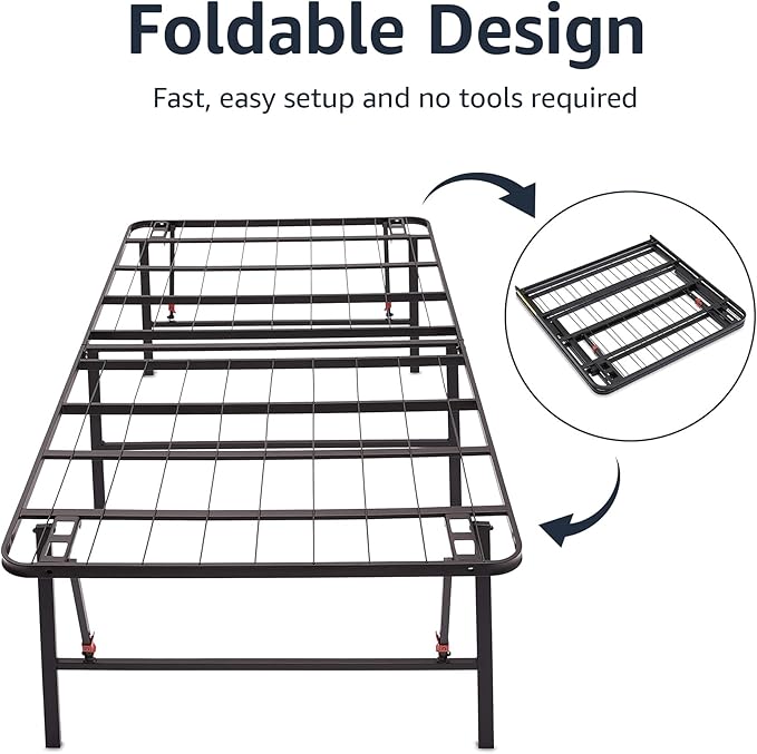 Amazon Basics Foldable Metal Platform Bed Frame with Storage, Sturdy Steel, No Box Spring Needed, 18 Inches High, Tool-Free Easy Assembly, Noise-Free, Queen Size, Black