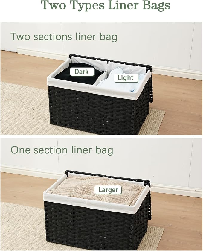 SETVSON Storage Basket with Lid Wicker Baskets for Storage with 2 Separate Lid 42.3 Gallon (160 L) 29.9 x 17.3 x 18.1 Inches Rattan Woven Large Wicker Basket with 2 Liners for Bedroom Laundry Black - Image 6