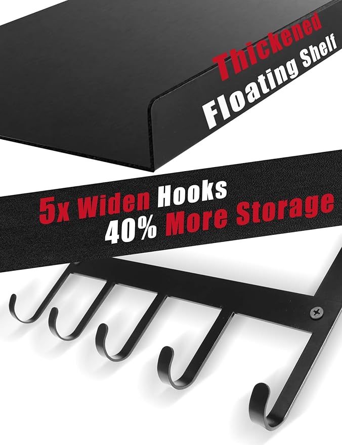 Yoga Mat Holder Wall Mount, Home Gym Storage Rack with Top Floating Shelf, 4-Tiers Holding Yoga Mat/ Blocks/ Rollers and Decorations, 5 Hooks for Resistance Bands, Skipping-Rope, Small Gym Equipment - Image 4