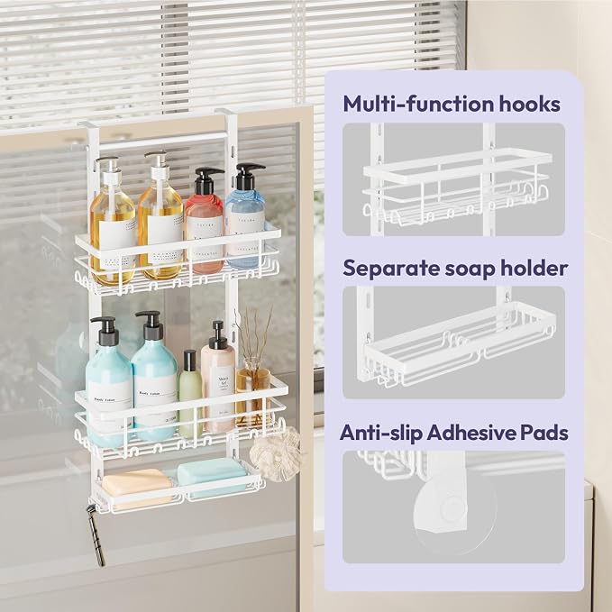 SWTYMIKI Over The Door Shower Caddy - 3 Tier Rustproof Hanging Shower Organizer with Adjustable Shelves, 28 Hooks & Soap Holder, Hanging Shower Rack Storage for Bathroom Accessories, White - Image 4