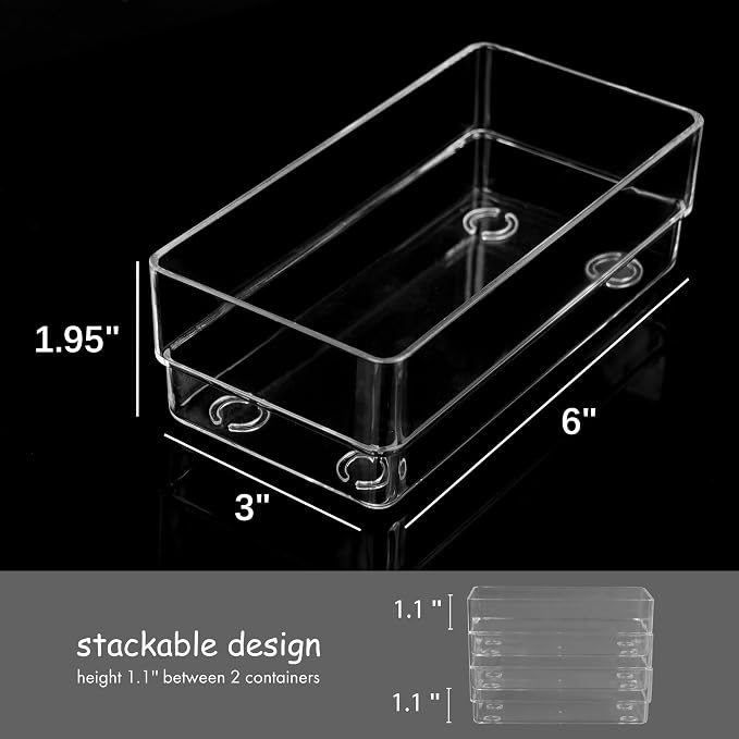 LotFancy Clear Drawer Organizers, 6'' x 3'' x 2'', Set of 3, Drawer Organizer Trays for Desk, Plastic Storage Bins for Bathroom, Makeup, Utensils, Stackable - Image 4