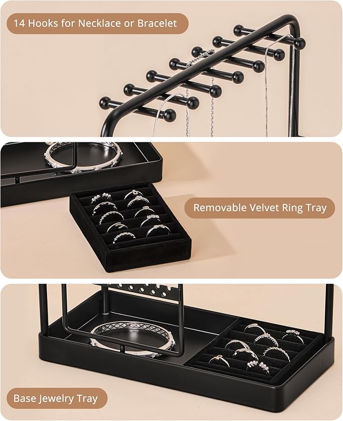 ProCase Jewelry Stand Holder Organizer, Jewelry Display Storage with Ring Tray, Rotating Earring Bracelet Necklace Holder, Valentine's Gifts Room Dorm Decor for Teen Girls -Black (No-Assembly) - Image 6
